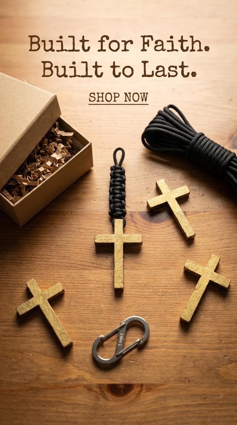 Men's Antique Gold Finish Wooden Cross Paracord Keychain