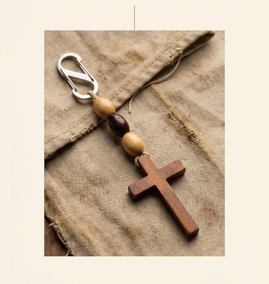 Men's Wooden Cross Paracord Keychain With Wooden Beads |Military, Outdoors, Faith Accessories, Stocking Stuffers