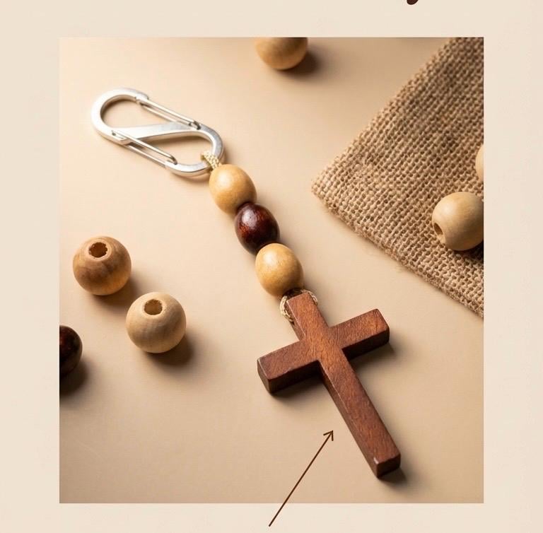 Men's Wooden Cross Paracord Keychain With Wooden Beads |Military, Outdoors, Faith Accessories, Stocking Stuffers