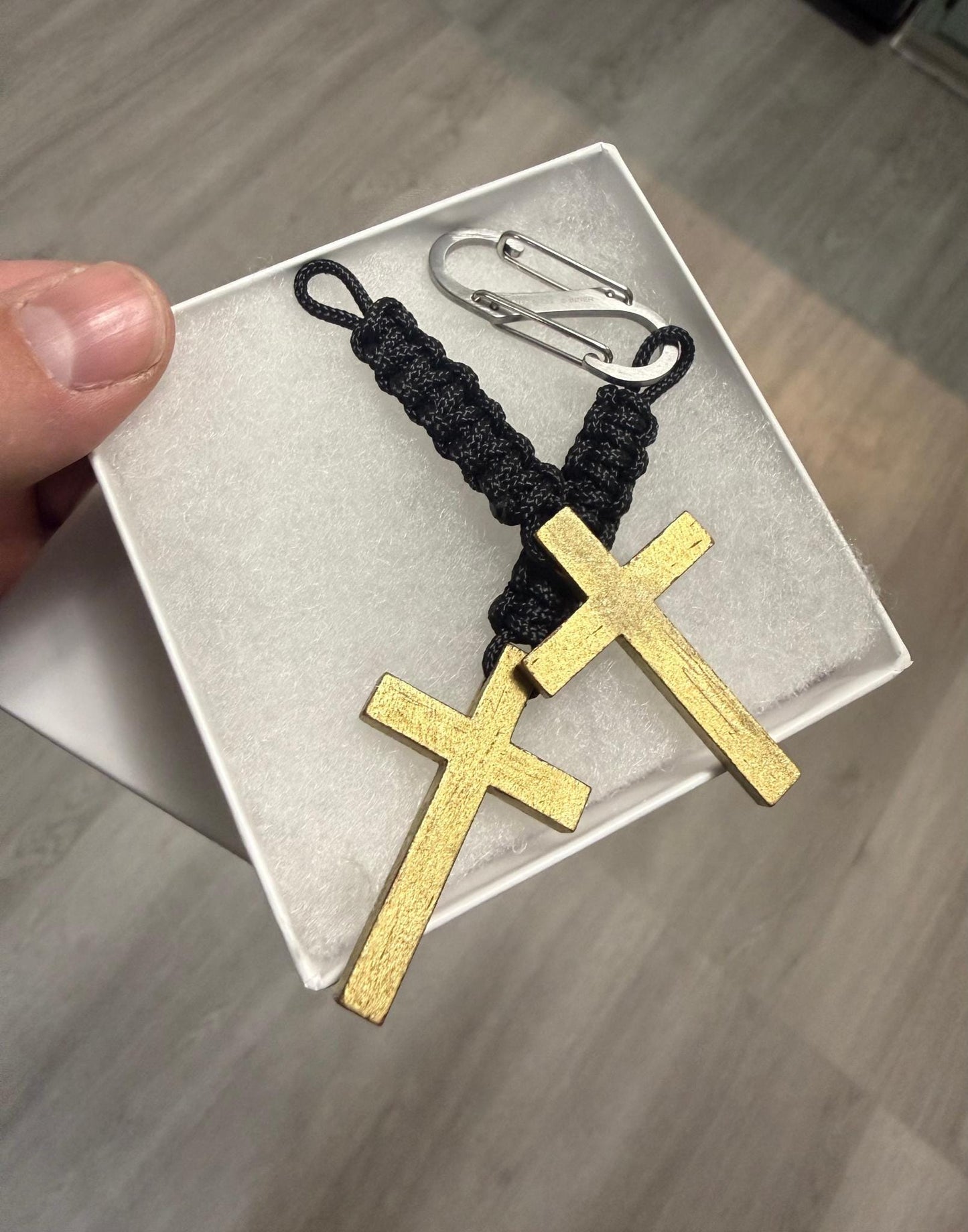 Men's Antique Gold Finish Wooden Cross Paracord Keychain