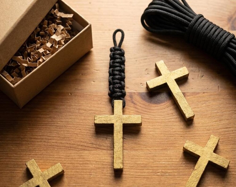 Men's Antique Gold Finish Wooden Cross Paracord Keychain